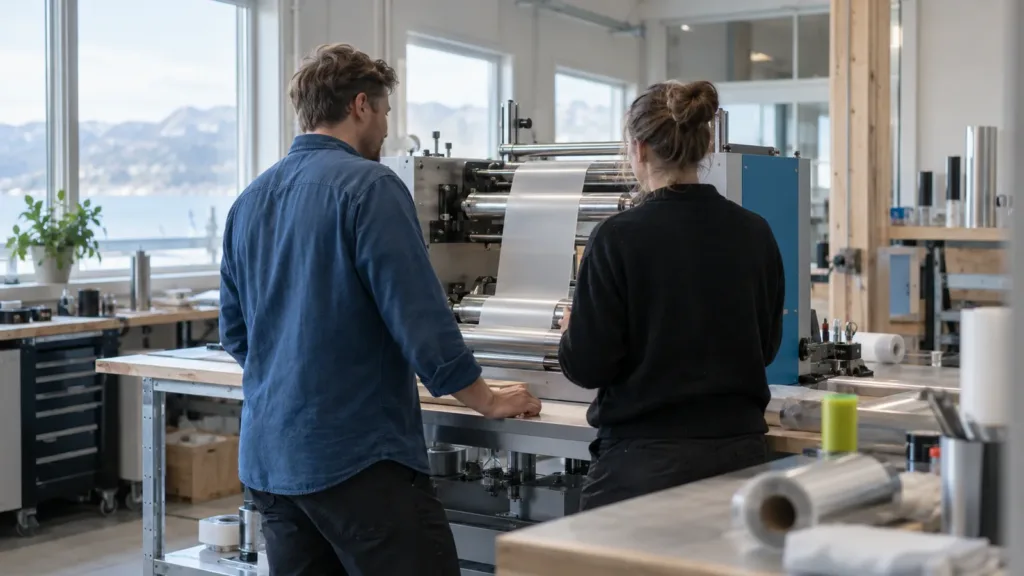Närbild på en mönstrad metallkomponent i en modern tillverkningsanläggning, med en person som inspekterar precisionsdelar i bakgrunden.