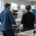 Närbild på en mönstrad metallkomponent i en modern tillverkningsanläggning, med en person som inspekterar precisionsdelar i bakgrunden.