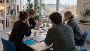 Startup-perustaja ja kaksi sijoittajaa keskustelevat yrityksen suunnitelmista muistikirjan ja tuotekuvauksen äärellä.