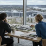 Local residents and officials reviewing data center plans near a glowing server campus at dusk
