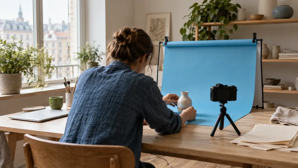 Un entrepreneur dans un studio lumineux entouré d'écrans affichant des variantes de contenu de marque générées par intelligence artificielle, illustrant le concept de content factory.