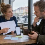 En kvinde viser skitser af en app på papir og en mobiltelefon til en mand med en åben tegnebog ved et cafébord ved havnen med farverige huse og et gammelt sejlskib i baggrunden.