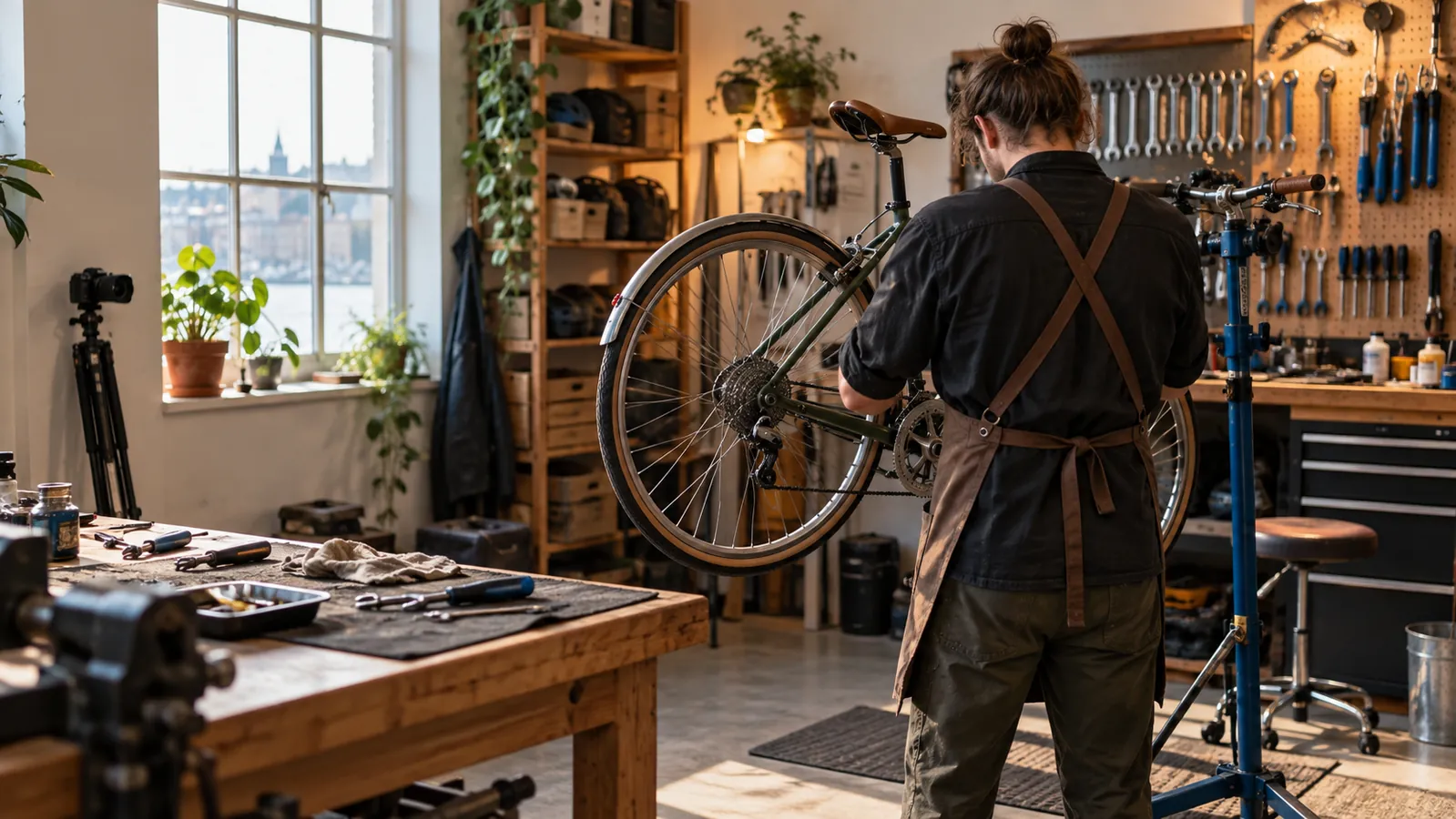In einer Werkstatt wird ein Fahrrad repariert, während eine Kamera am Rand auf ihren nächsten Einsatz wartet.