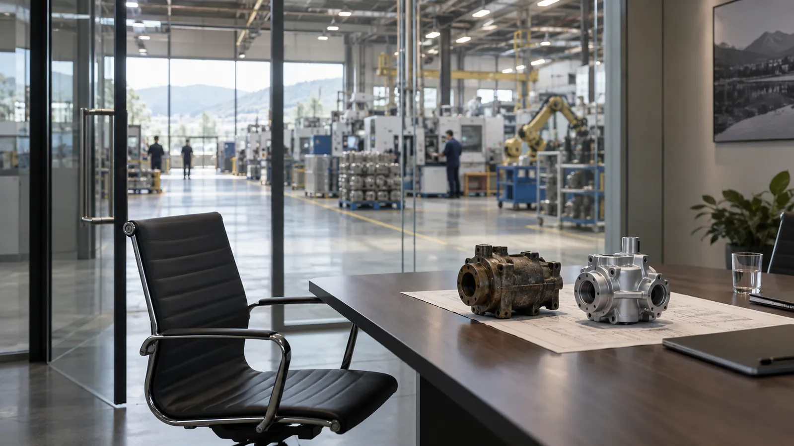 Ein leerer Besprechungsraum öffnet den Blick auf eine Fabrik; alte und neue Bauteile stehen für Erneuerung.