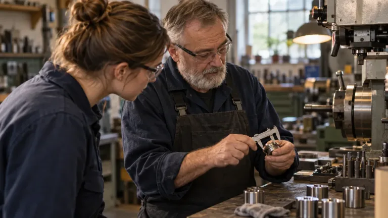 Eine Nachfolgerin beobachtet in der Werkstatt, wie ein erfahrener Mitarbeiter ein gefertigtes Bauteil prüft.