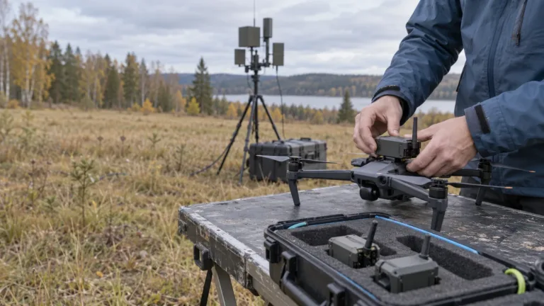 Droonit lentävät pohjoisen maiseman yllä samalla kun operaattori seuraa niiden toimintaa digitaaliselta näytöltä.