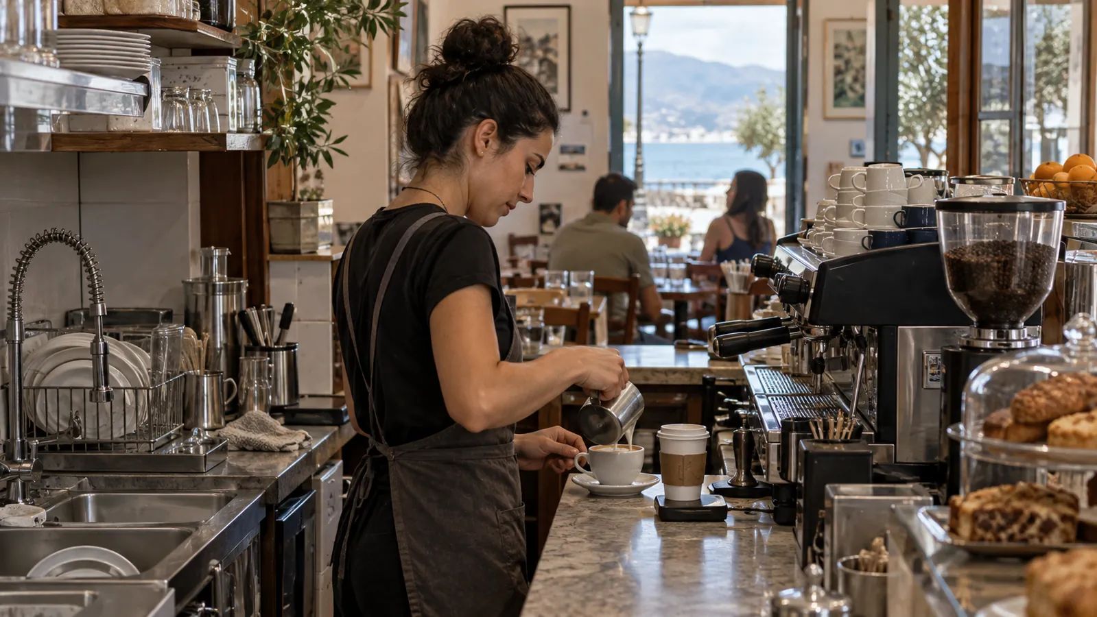 Πίσω από τον πάγκο ενός μικρού καφέ, μια εργαζόμενη ετοιμάζει καφέ σε κεραμικό φλιτζάνι και σε ποτήρι για έξω.