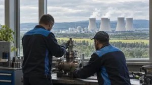 Operátori sledujú ovládacie panely v blokovej dozorni jadrovej elektrárne.