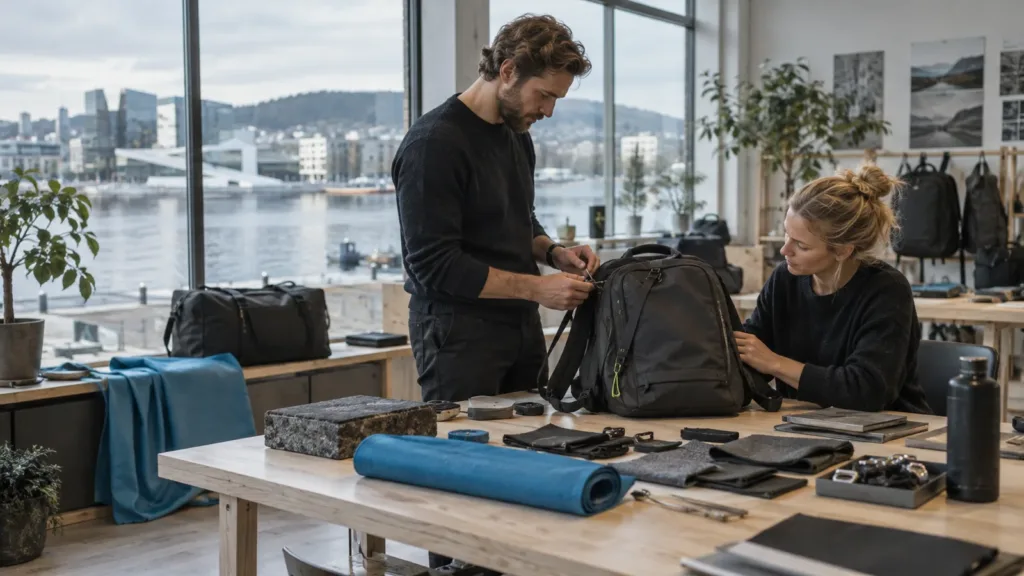Produktdesigner undersøker en robust reisebag for ski på en arbeidsbenk, med snødekte fjell synlig gjennom vinduet i bakgrunnen