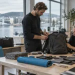 Produktdesigner undersøker en robust reisebag for ski på en arbeidsbenk, med snødekte fjell synlig gjennom vinduet i bakgrunnen