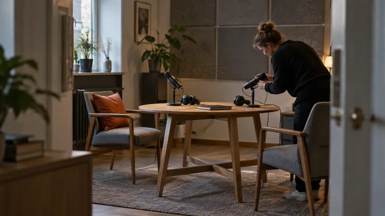 Kaksi mikrofonia odottaa pienessä podcaststudiossa, jossa tuottaja säätää vieraan paikkaa ennen keskustelua.