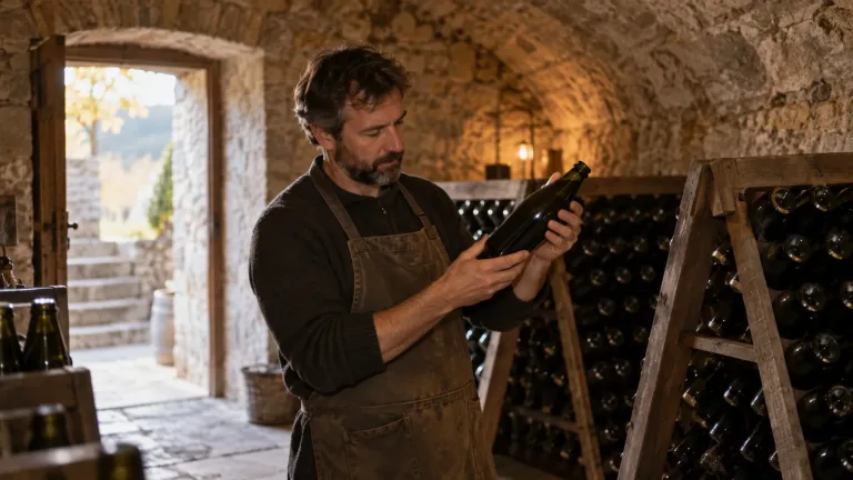 Dans une petite cave voûtée, une personne examine une bouteille sans étiquette devant des casiers en bois.