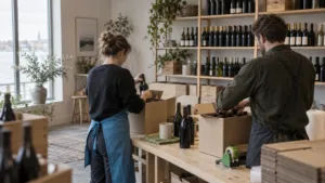 Sfeervolle wijnwinkel met houten wijnrekken ingedeeld op smaak, waar een adviseur een klant helpt bij het kiezen van een fles wijn.