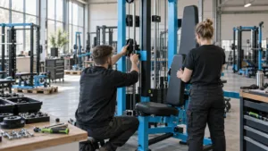 Industrielle Fertigungshalle für Kraftsportgeräte in Deutschland, Sinnbild für den Aufstieg von Gym80 vom Mittelständler zum globalen Player.