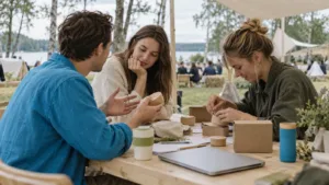 Keturi pašnekovai ir moderatorė diskutuoja scenoje apie investicijas į švietimą diskusijų festivalyje.
