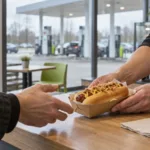 Frissen elkészített hot dog egy modern töltőállomás éttermi pultján, háttérben benzinkutakkal és digitális kijelzőkkel.