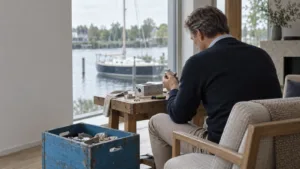 Een Nederlandse ondernemer kijkt vanuit een modern kantoor over de stad en denkt na over geld, tegenslag en nieuwe ambitie.