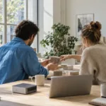 Due colleghi confrontano un preventivo con componenti meccanici e un catalogo, accanto a un computer nell’ufficio di una piccola impresa.