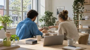 Due colleghi confrontano un preventivo con componenti meccanici e un catalogo, accanto a un computer nell’ufficio di una piccola impresa.