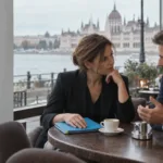 Vállalkozó modern irodában figyeli a híreket és a piaci grafikonokat, háttérben elmosódott Országház-sziluett, a politikai kockázat szimbóluma