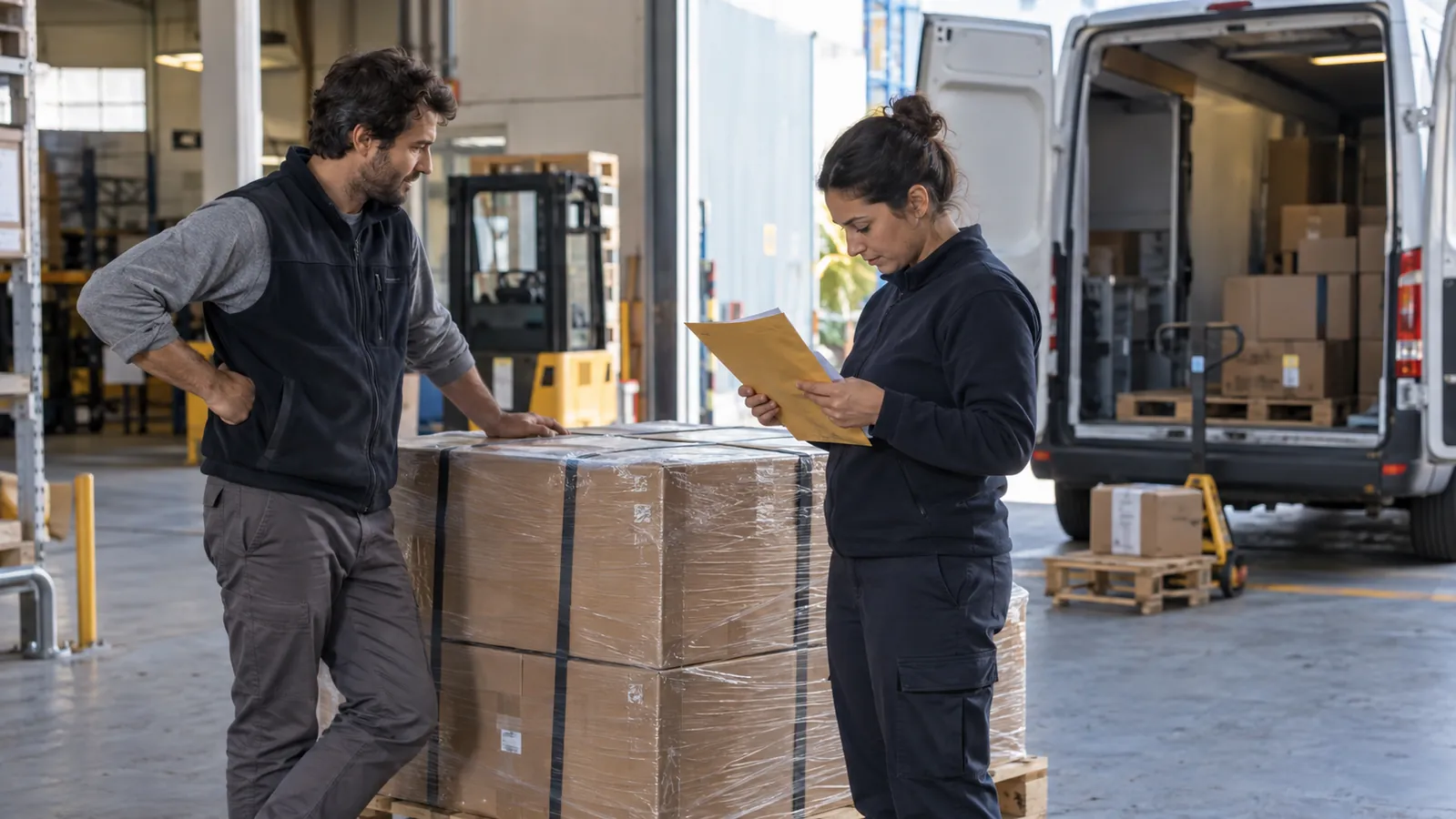 Uma palete pronta para envio aguarda junto a uma carrinha, enquanto duas pessoas verificam os detalhes da entrega.