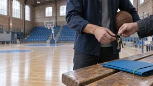Basketballarena in der Abenddämmerung mit angedeuteter Geschäftswelt im Hintergrund als Symbolbild für Sportinvestment im Profisport.