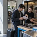 Osnivači startupa surađuju uz robotički prototip u višekatnom tehnološkom centru u San Franciscu.