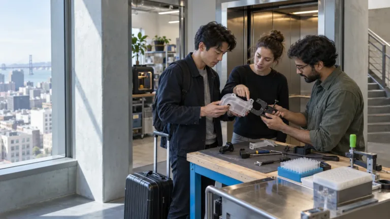 Osnivači startupa surađuju uz robotički prototip u višekatnom tehnološkom centru u San Franciscu.