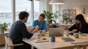 Yrittäjä ja asiakkaan asiantuntija tarkastelevat työvaiheita kannettavan tietokoneen ja paperien äärellä.