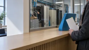 Viešosios IT sistemos ekranas ir moderni lovų gamybos linija, vaizduojantys technologijų bei gamybos verslų panašumus