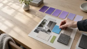A startup team compares a generic AI-generated interface with a more intentional design beside a board of visual references.