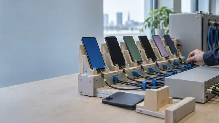 Testlab met smartphones aangesloten op meetapparatuur voor accuduur, op de achtergrond een grote AI-hardwarebeurs met serverracks en een groot scherm.
