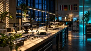 Tehnician într-un mic atelier european asamblează o dronă lângă un laptop cu software de viziune artificială