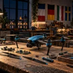 Ondernemer inspecteert een droneframe in een kleine werkplaats, met op de achtergrond een moderne Europese fabriekshal.