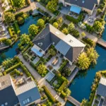 Moderne woonkamer met een slimme hub en een smartphone die het smart home bedient, bij avondlicht.
