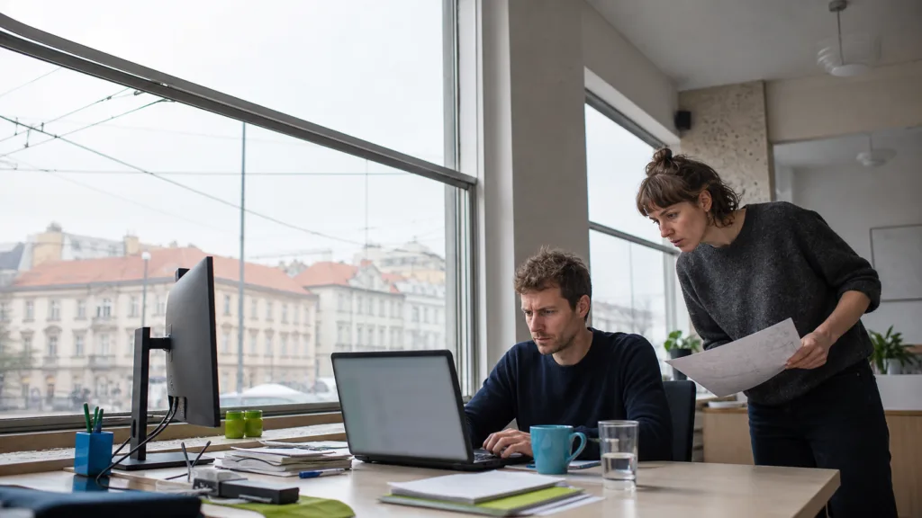 Editorial photo of a developer reviewing code on dual monitors at night, with a faded calendar overlay symbolizing an AI coding agent's six-month knowledge cutoff.