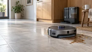 Prémiový robotický vysavač uklízí podlahu v moderním českém bytě.