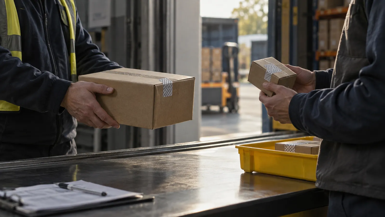 Two warehouse staff inspect sealed cardboard parcels across a dispatch counter, with a yellow sorting tray nearby.