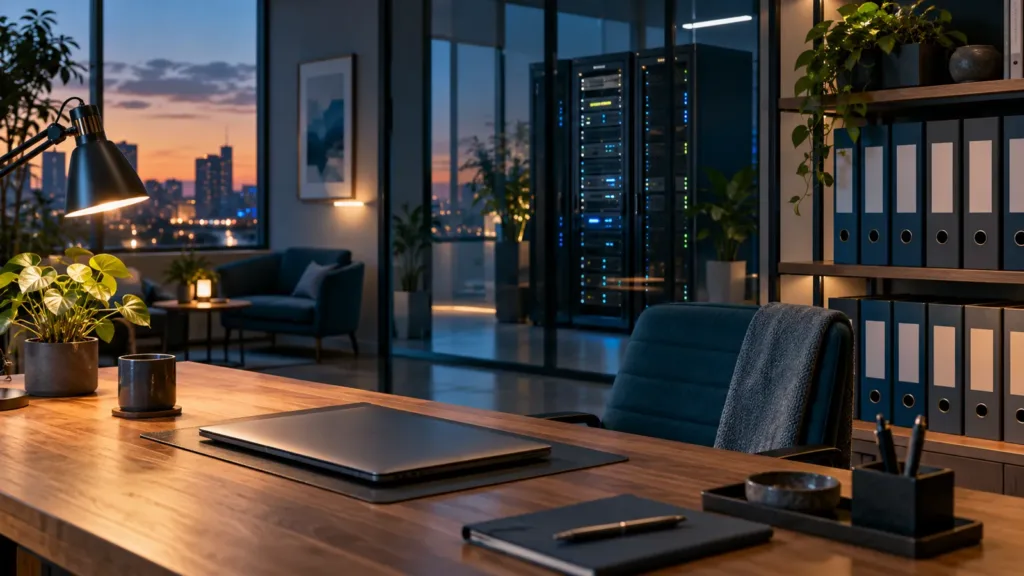 A tidy small-business workspace with folders and a glowing cabinet in blue and warm light