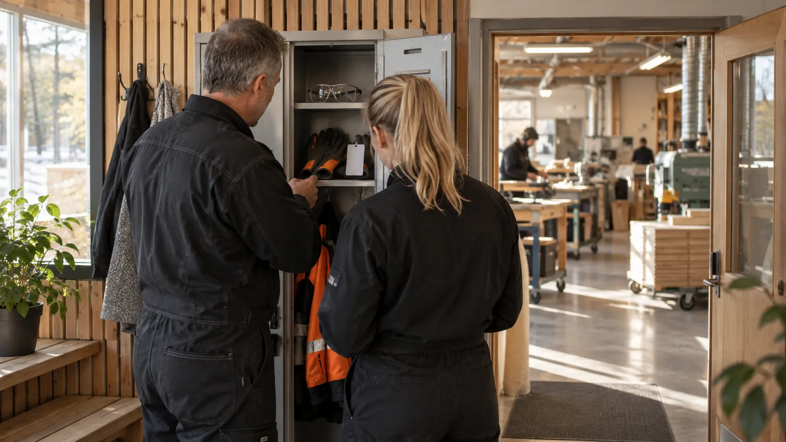 Uusi työntekijä ja kollega tarkistavat suojavarusteita työpajan kaapilta ennen siirtymistä varsinaiseen työtilaan.