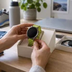Το Huawei Watch GT Runner 2 από τιτάνιο στον καρπό δρομέα σε αστικό περιβάλλον με πρωινό φως