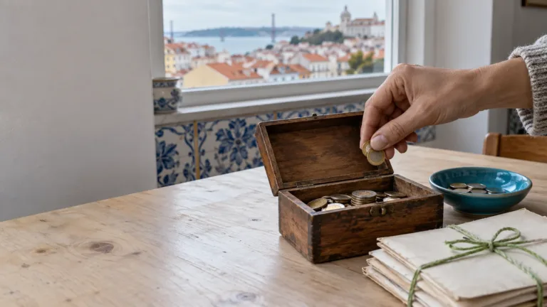 Secretária com gráfico de crescimento de juros compostos no portátil, moedas de euro e vista para telhados de Lisboa ao fundo