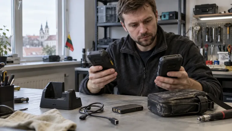 Technikas prie darbo stalo tikrina dviejų nešiojamųjų įrenginių įkrovimo jungtis, bateriją ir kasdien naudojamą dėklą.
