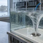 Digitale Illustration eines Wasserwirbels, überlagert von einem leuchtenden Netzwerk aus KI-Agenten, symbolisiert die Lösung des Millennium-Problems durch künstliche Intelligenz