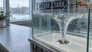 Digitale Illustration eines Wasserwirbels, überlagert von einem leuchtenden Netzwerk aus KI-Agenten, symbolisiert die Lösung des Millennium-Problems durch künstliche Intelligenz