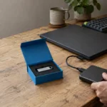 Postazione di lavoro moderna con un desktop Linux minimalista sullo schermo, in un'atmosfera da editoriale tech