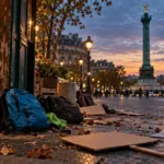 Rua de Paris ao entardecer com montras entaipadas de um café e de uma loja de cadeia, e um comerciante a varrer vidros partidos