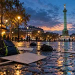 Pariška ulica z zabitimi izložbami kavarne in trgovine po nočnih nemirih