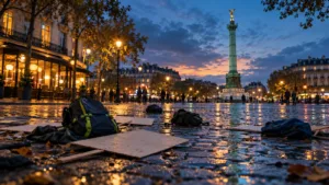 Pariška ulica z zabitimi izložbami kavarne in trgovine po nočnih nemirih