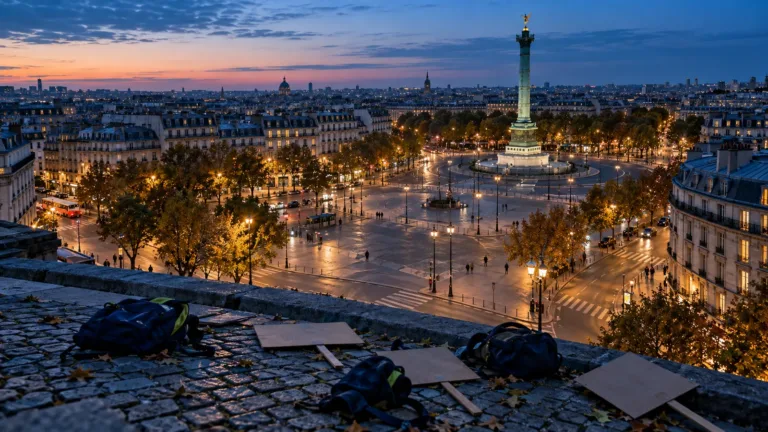 Stradă din Paris la căderea serii, cu o cafenea și un magazin cu vitrinele sparte, acoperite cu scânduri după violențe